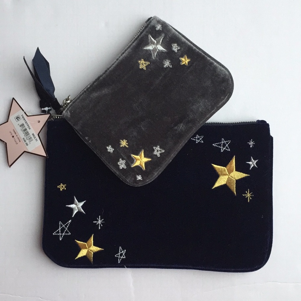 NWT BEAUTIFUL VELVET POUCH SET 2PC blue & grey
